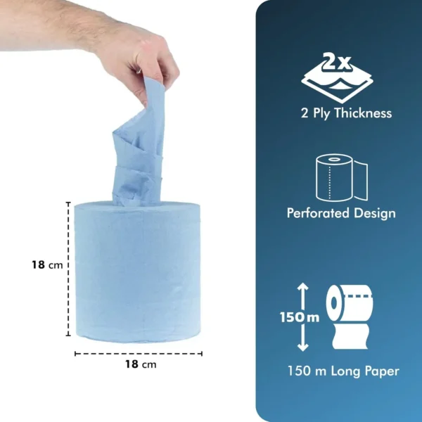 6 x Blue Rolls 2-Ply Centrefeed Paper Towels for Commercial use 2
